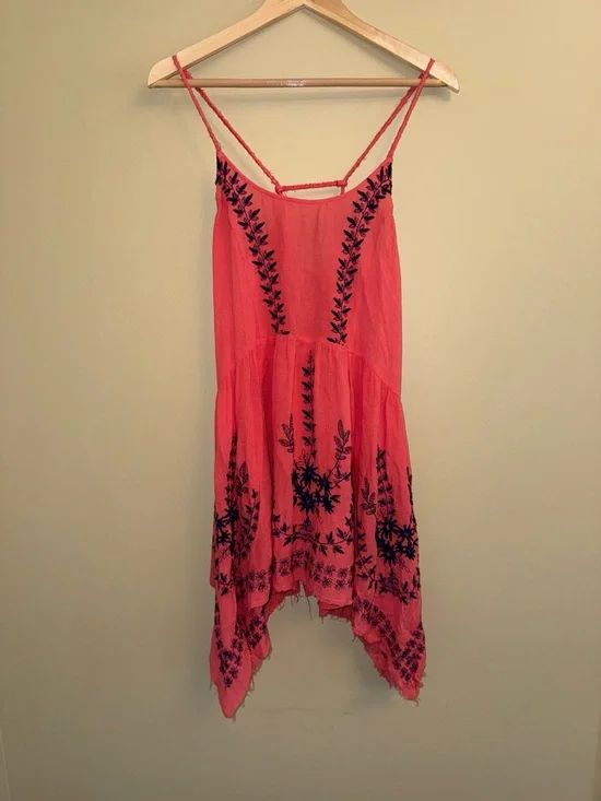 Free People Meadows Of Medallion Slip Swing Dress S coral Embroidery Boho Beach - Picture 3 of 12